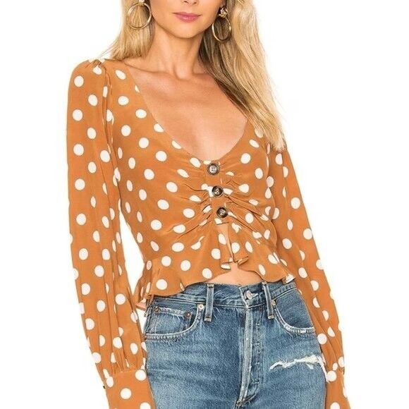 For Love And Lemons Tops - For Love & Lemons x REVOLVE Isabella Blouse in Mustard Dot Extra Small Brown